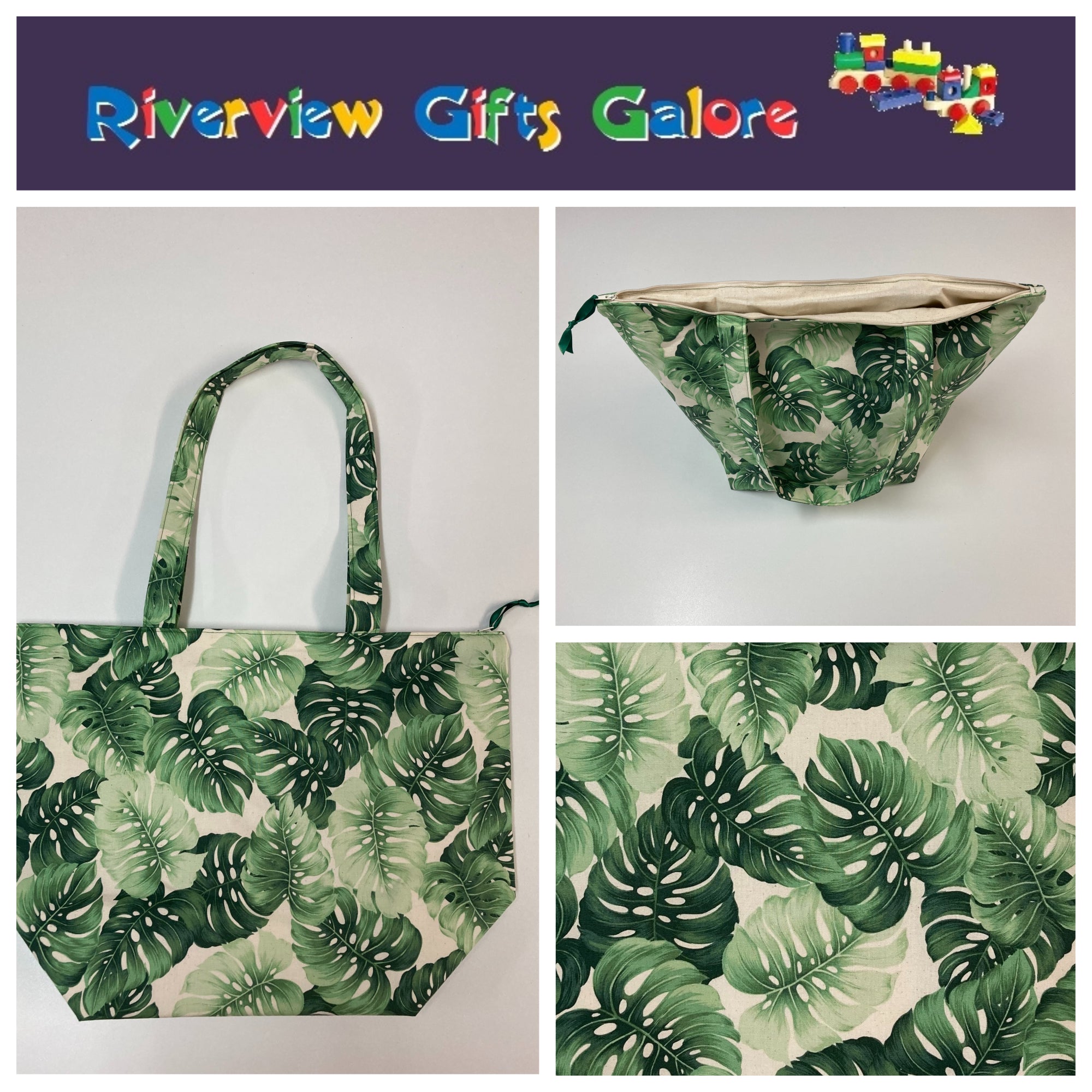 Large Tote Bag with Zip - Leaves on Cream