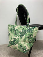 Large Tote Bag with Zip - Leaves on Cream