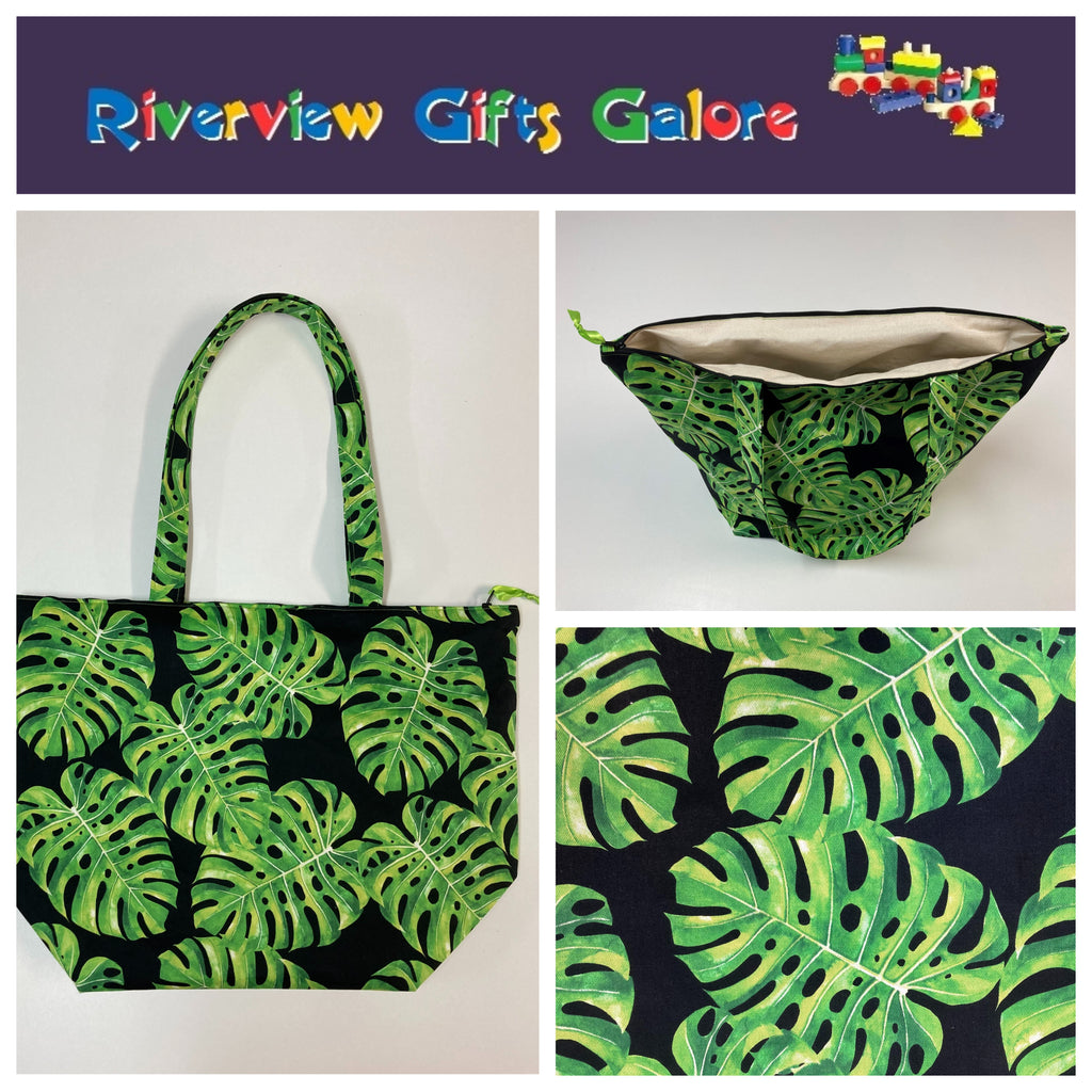 Large Tote Bag with Zip - Leaves on Black