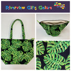 Large Tote Bag with Zip - Leaves on Black