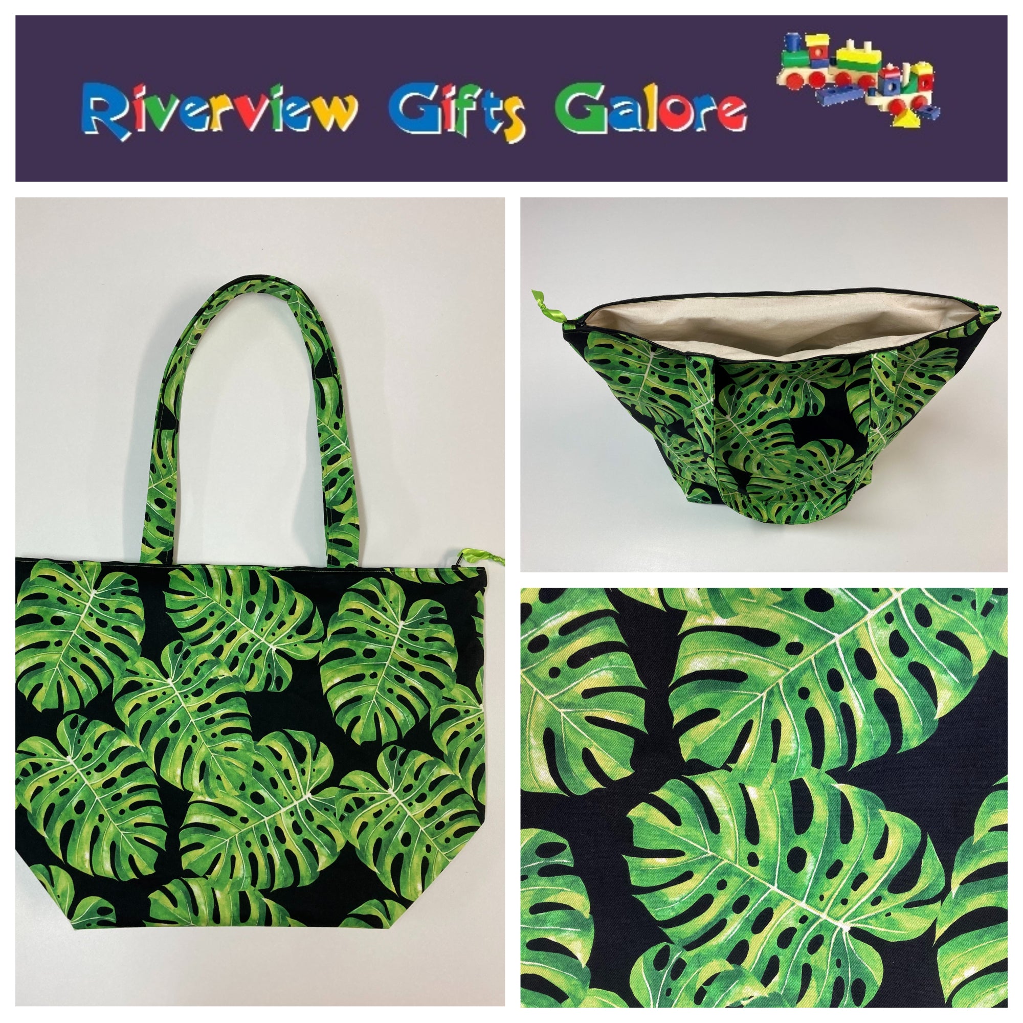 Large Tote Bag with Zip - Leaves on Black