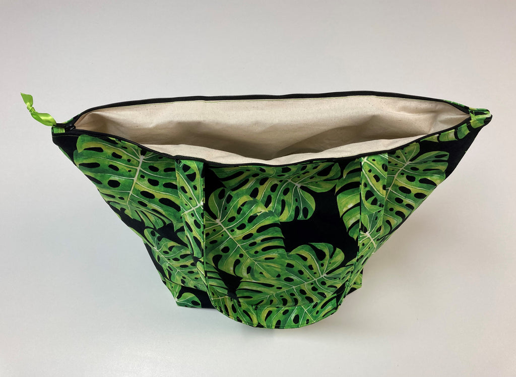 Large Tote Bag with Zip - Leaves on Black