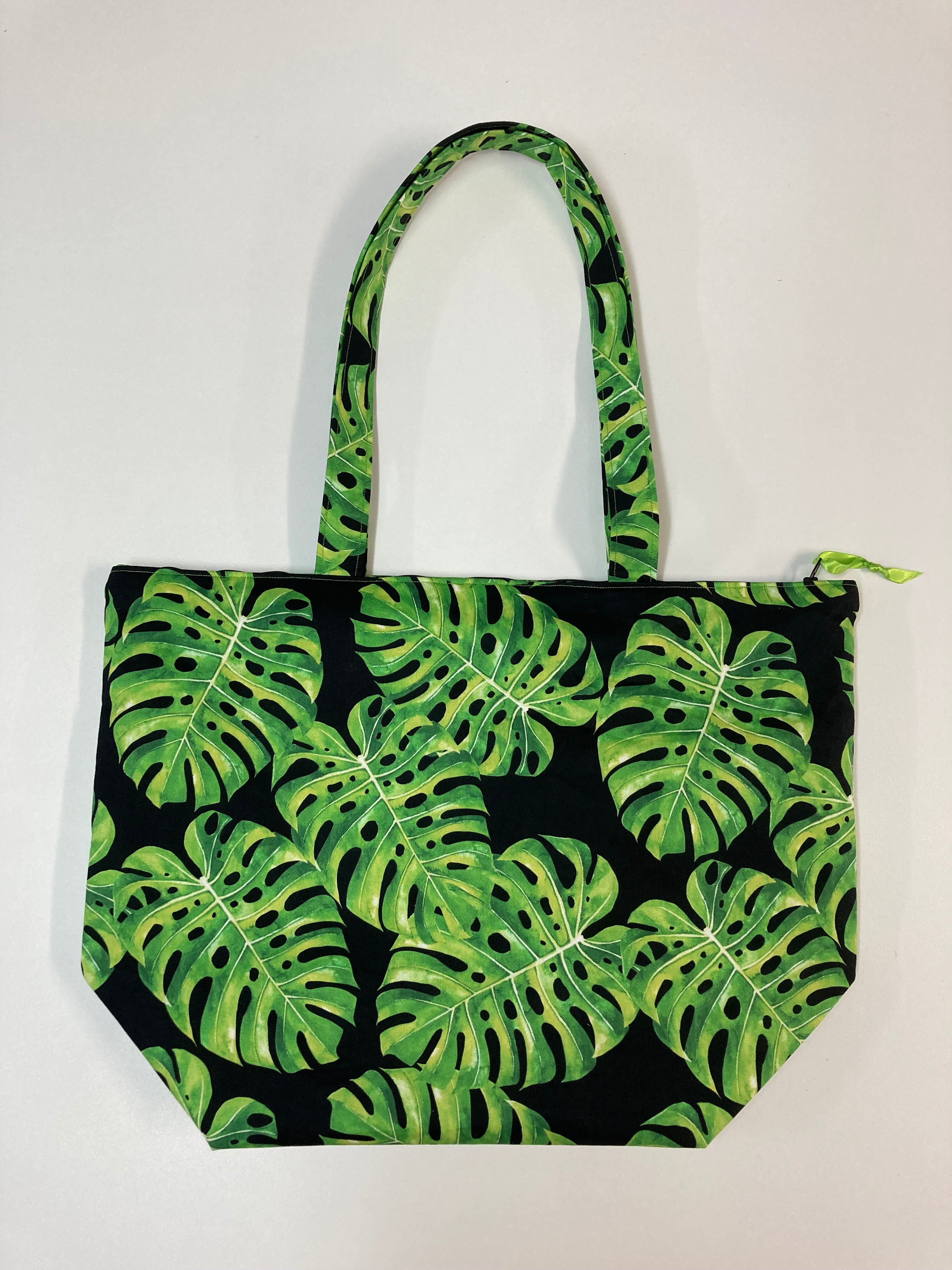 Large Tote Bag with Zip - Leaves on Black