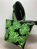 Large Tote Bag with Zip - Leaves on Black