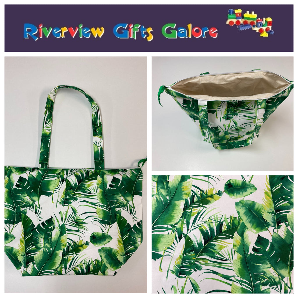 Large Tote Bag with Zip - Tropical Leaves on White
