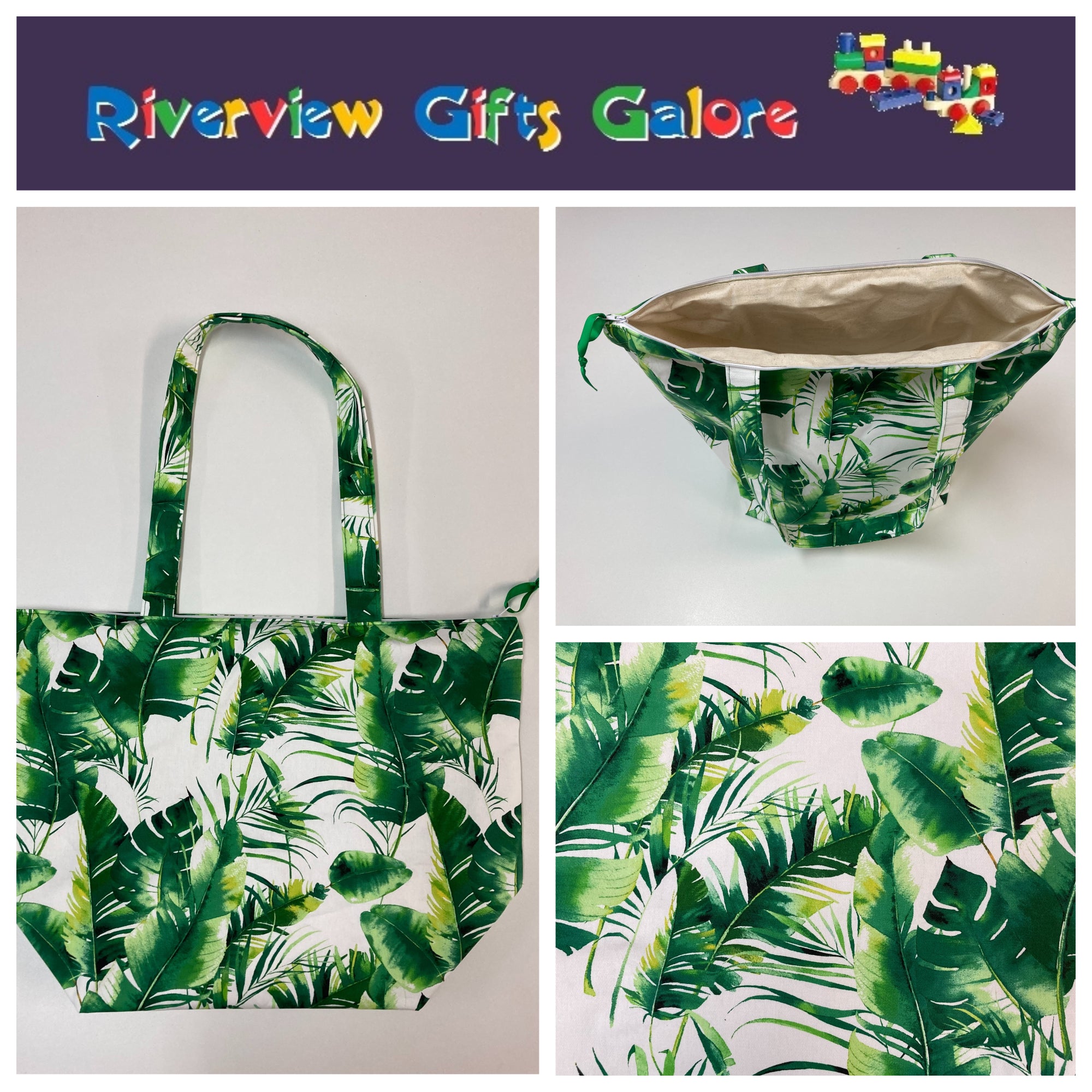 Large Tote Bag with Zip - Tropical Leaves on White