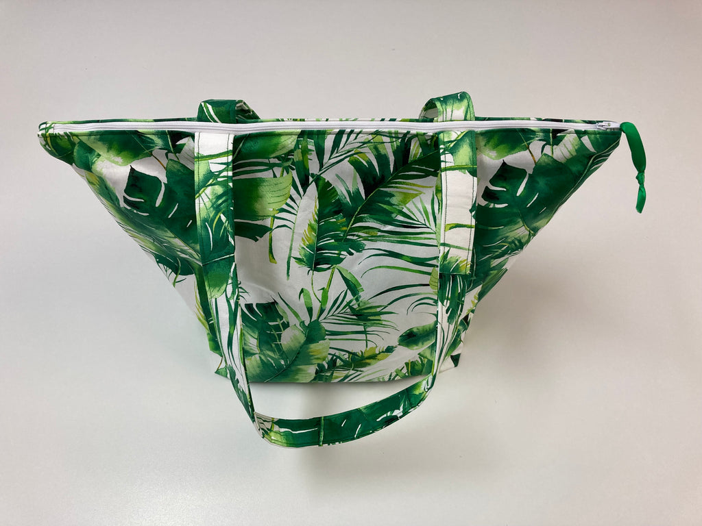 Large Tote Bag with Zip - Tropical Leaves on White