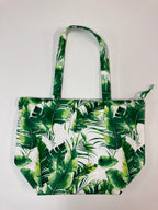 Large Tote Bag with Zip - Tropical Leaves on White
