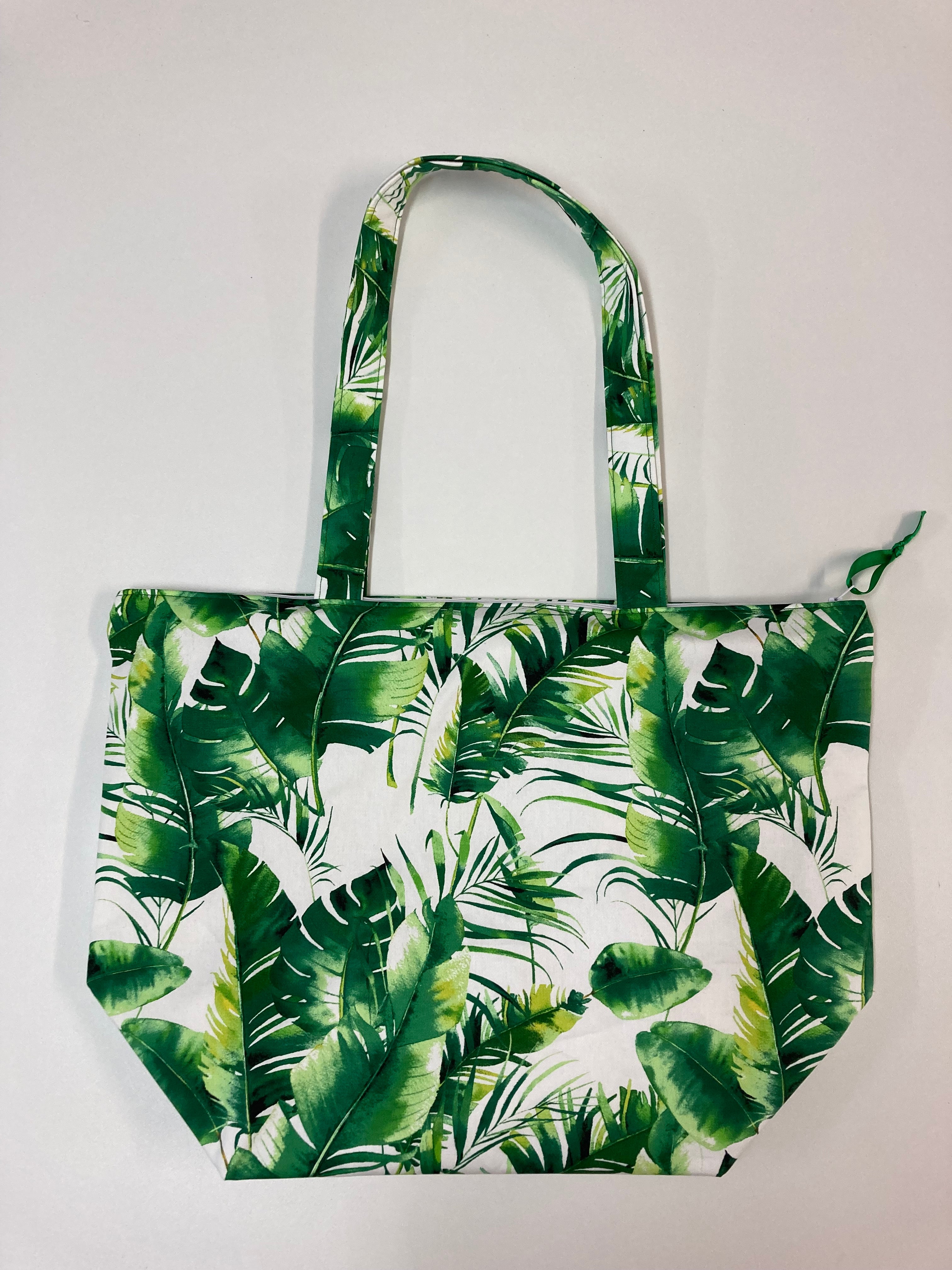 Large Tote Bag with Zip - Tropical Leaves on White