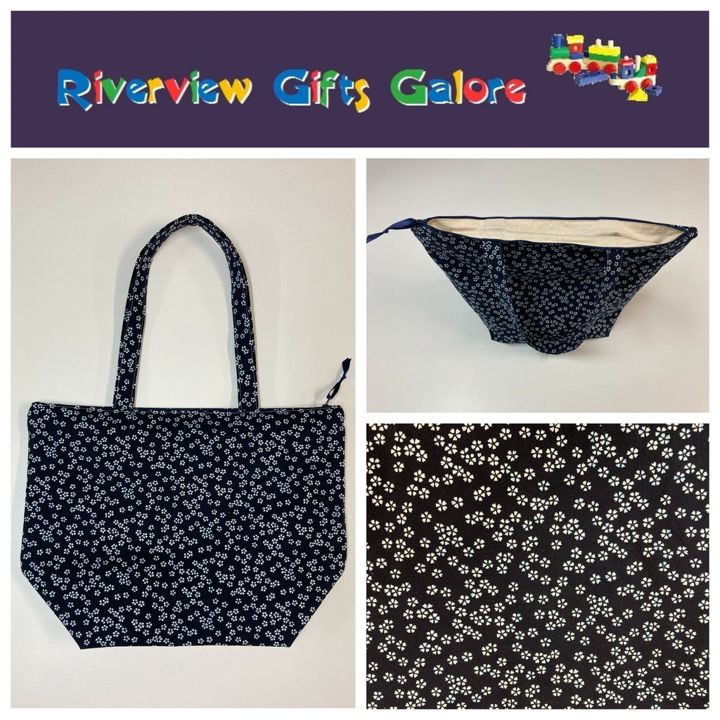 Large Tote Bag with Zip - White Flowers on Ink