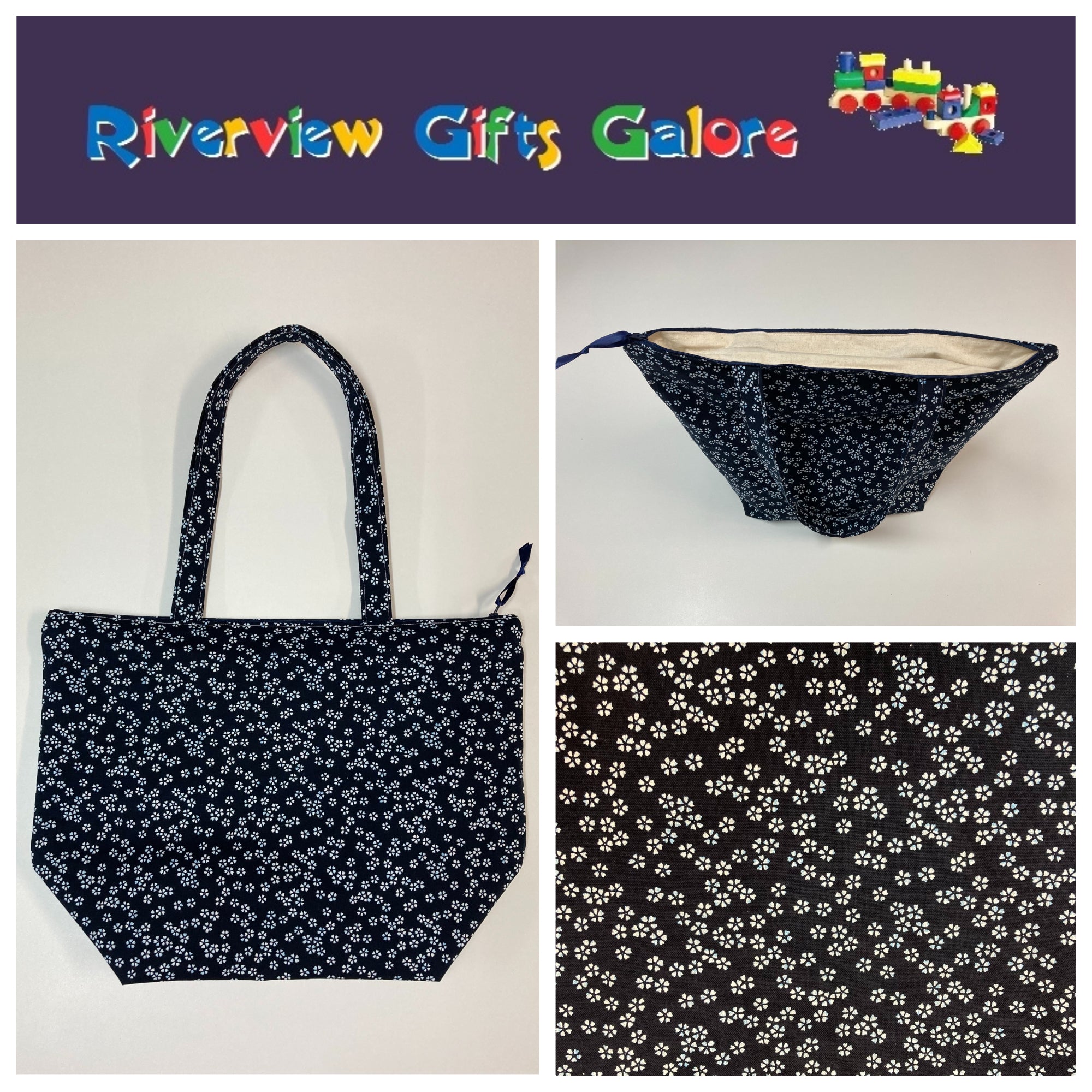 Large Tote Bag with Zip - White Flowers on Ink