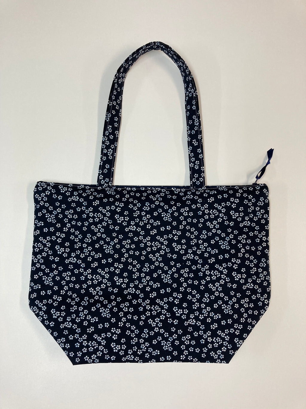Large Tote Bag with Zip - White Flowers on Ink