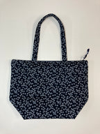 Large Tote Bag with Zip - White Flowers on Ink