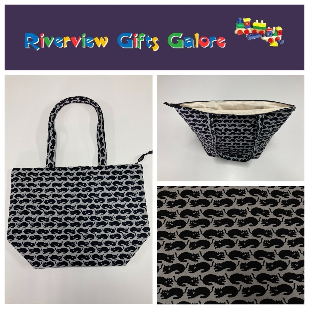 Large Tote Bag with Zip - Black Cats on Dark Grey