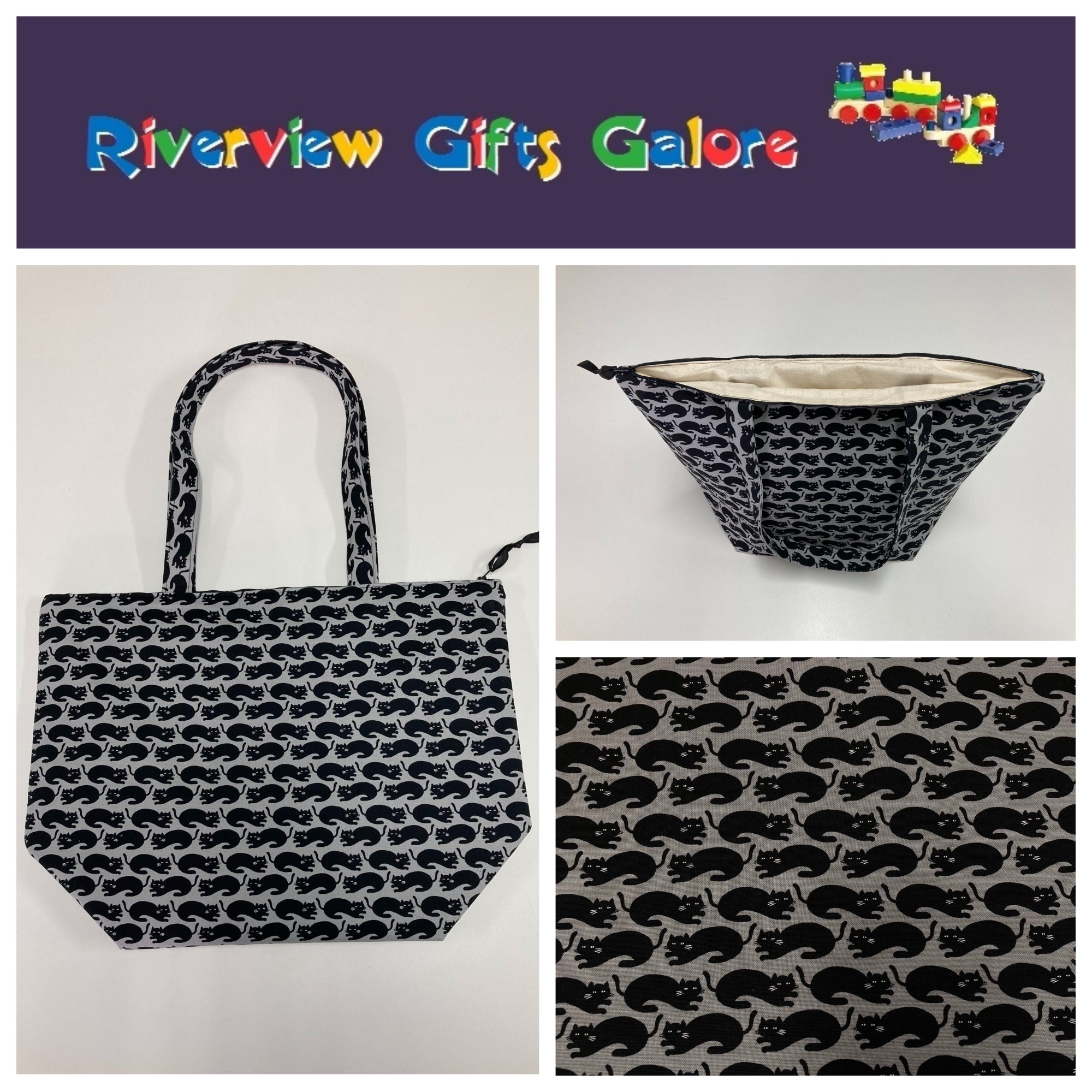 Large Tote Bag with Zip - Black Cats on Dark Grey
