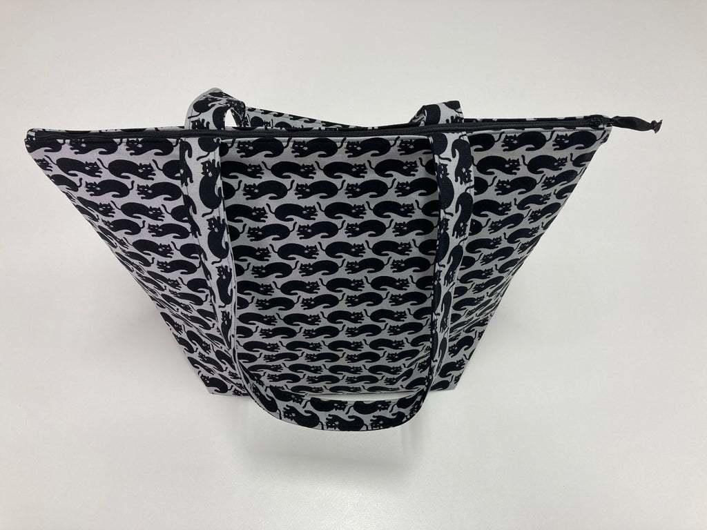 Large Tote Bag with Zip - Black Cats on Dark Grey