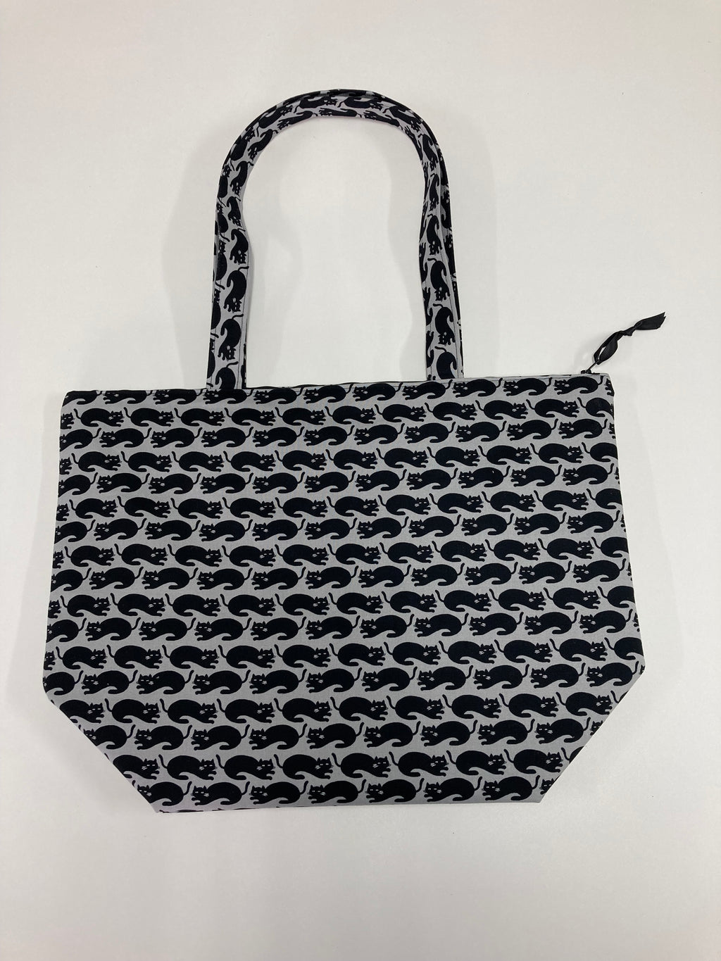 Large Tote Bag with Zip - Black Cats on Dark Grey
