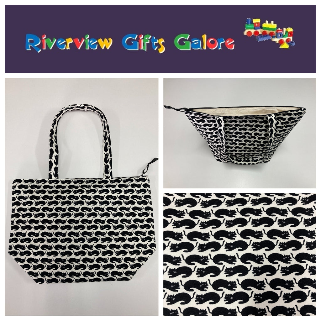 Large Tote Bag with Zip - Black Cats on White