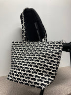 Large Tote Bag with Zip - Black Cats on White