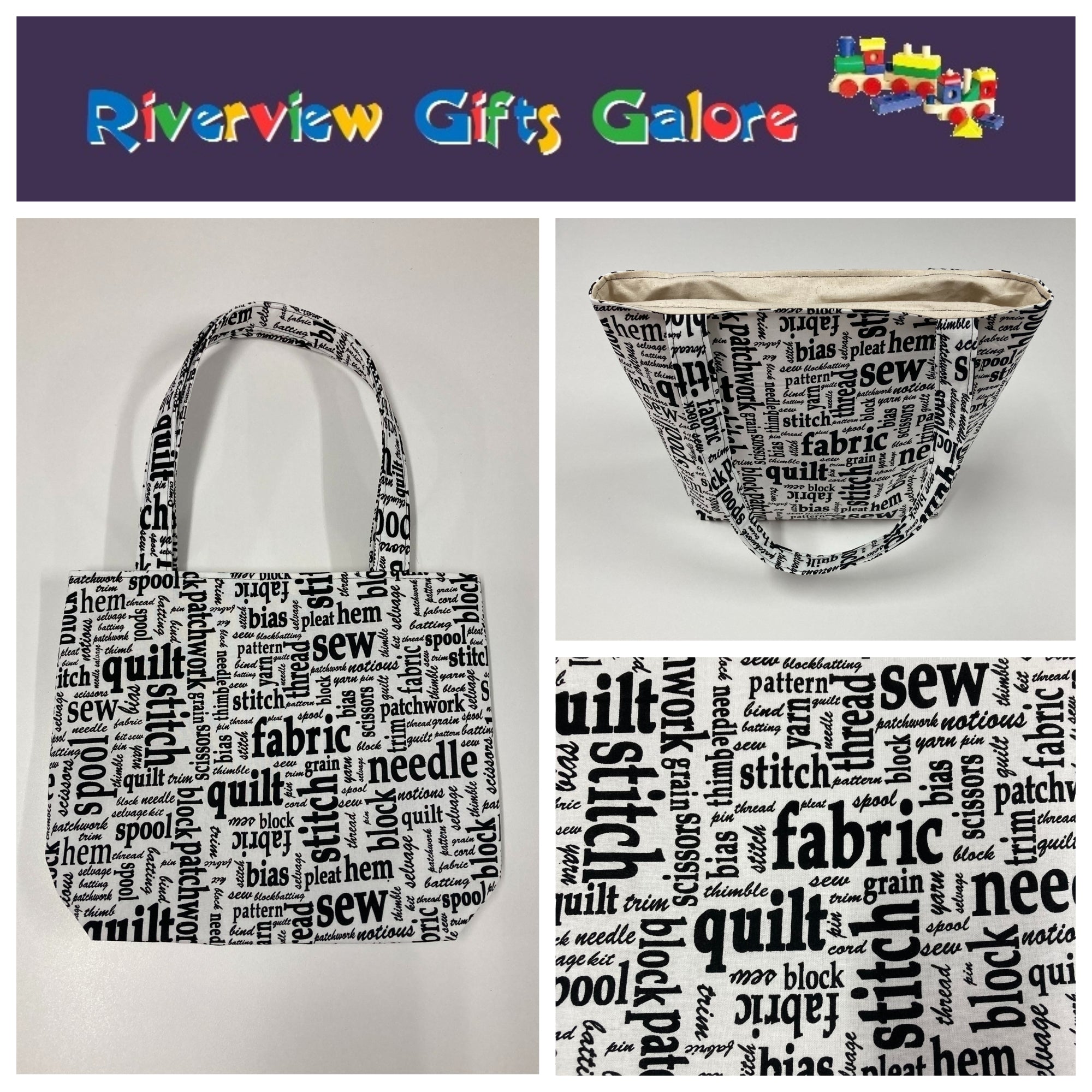 Medium Tote Bag - Sewing Words on White