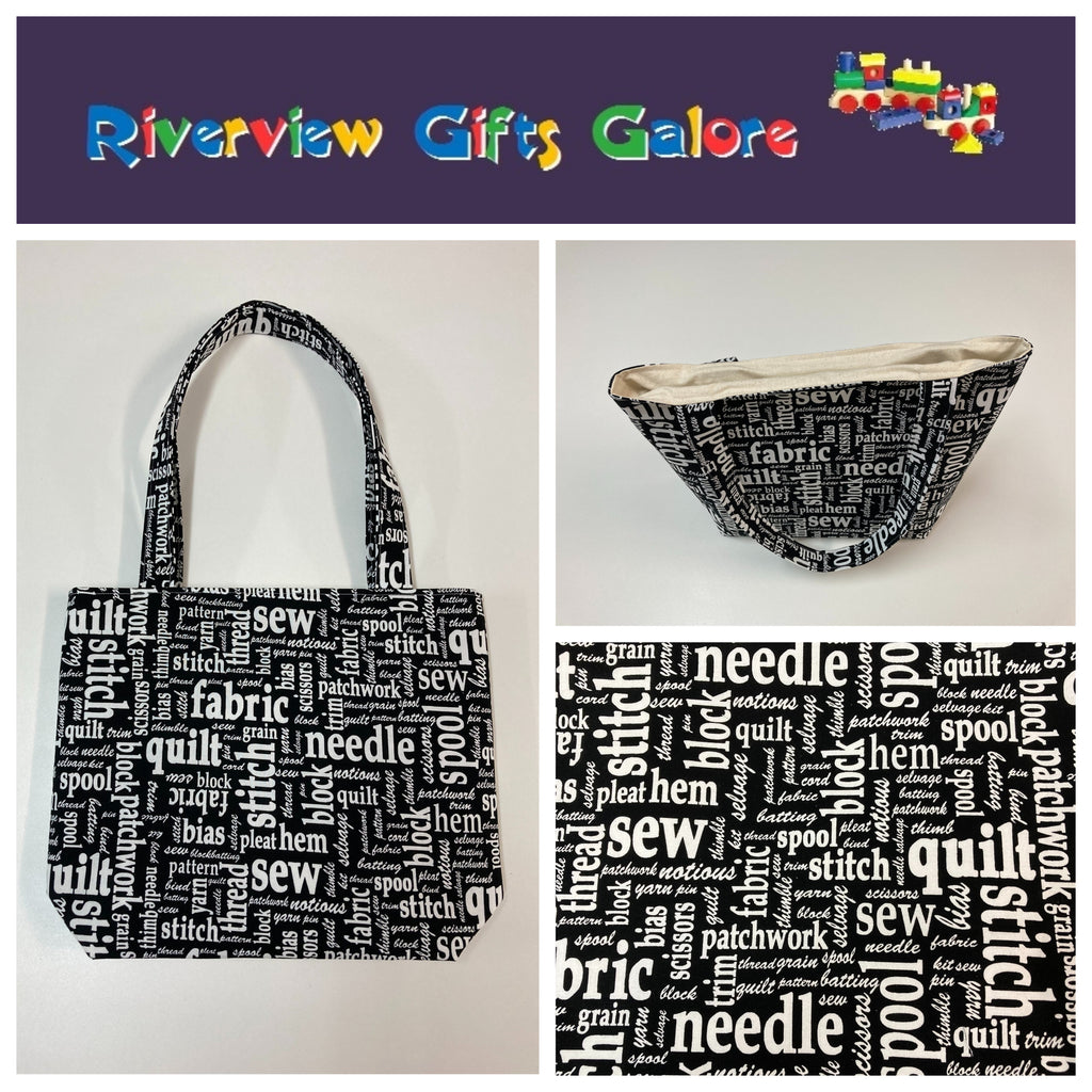 Medium Tote Bag - Sewing Words on Black