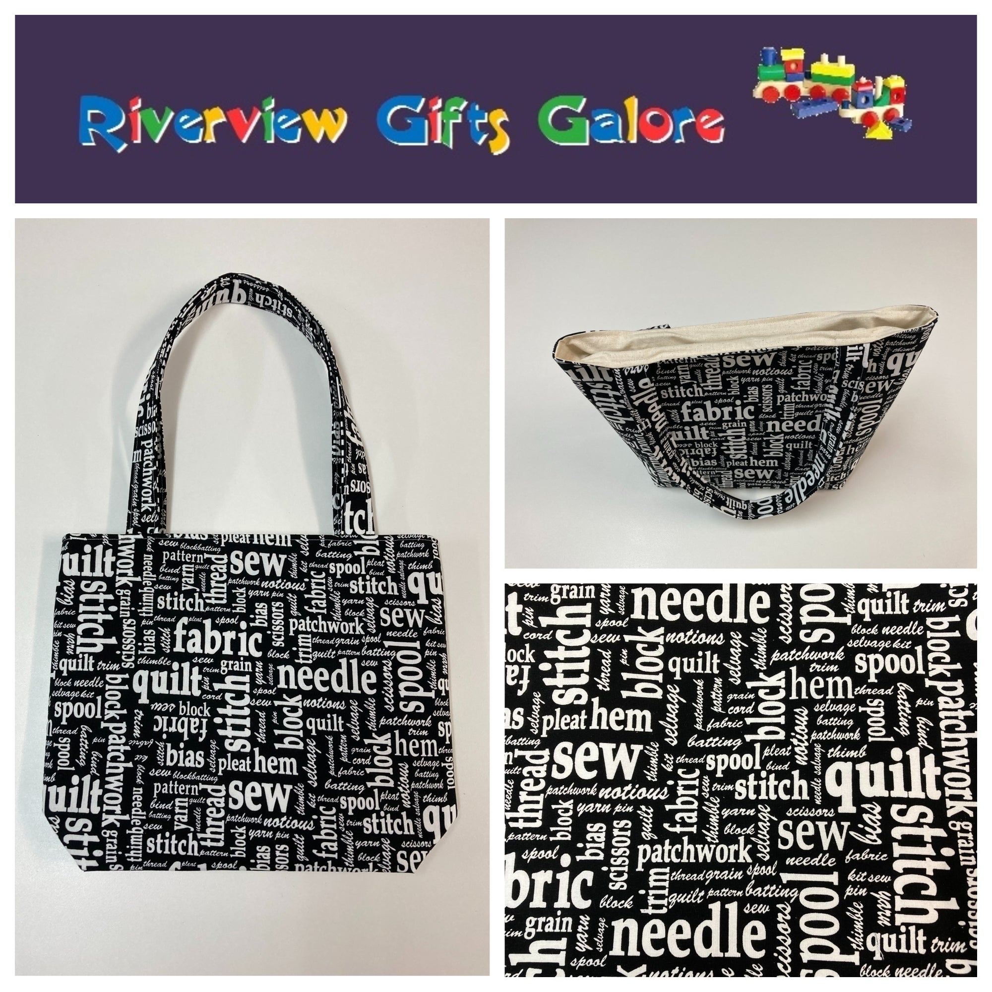 Medium Tote Bag - Sewing Words on Black