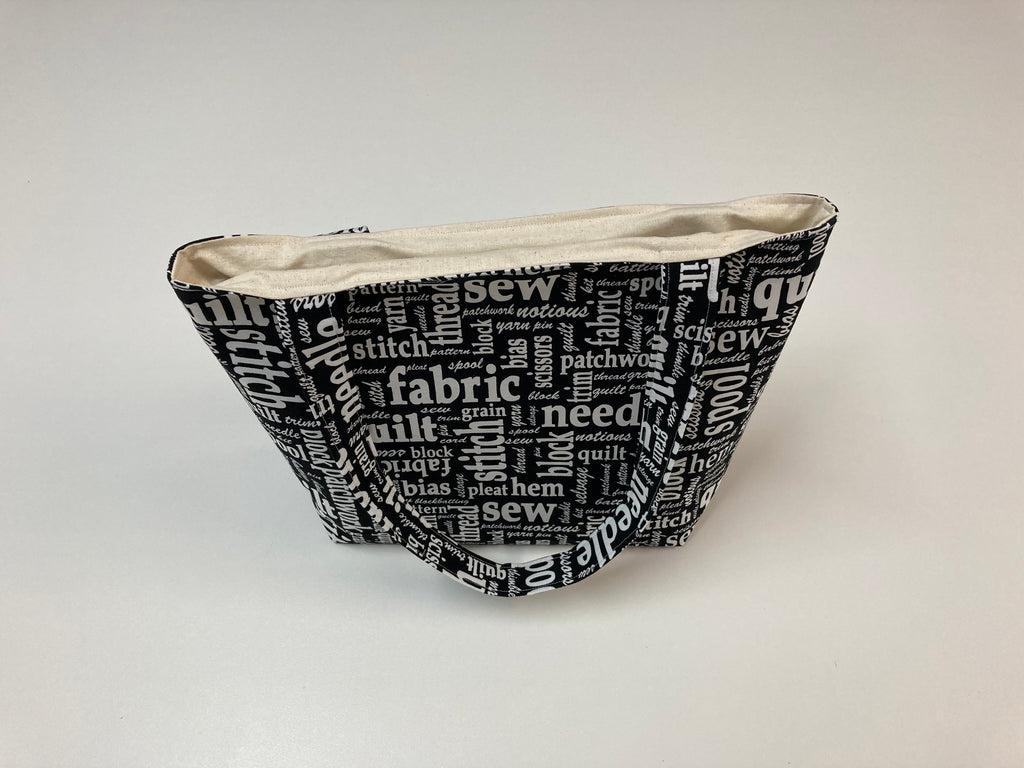 Medium Tote Bag - Sewing Words on Black