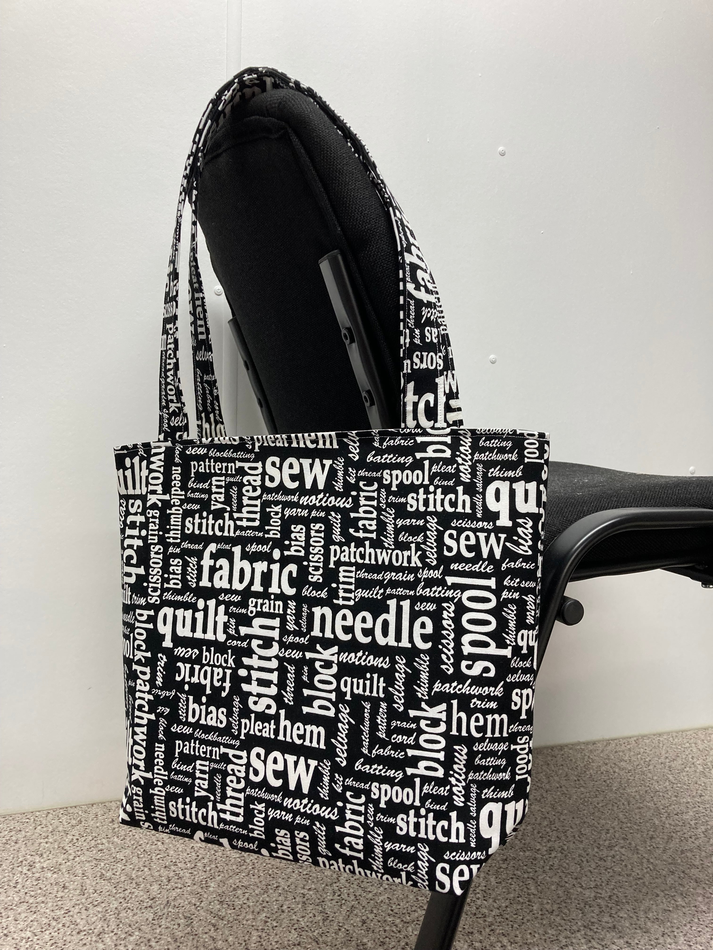 Medium Tote Bag - Sewing Words on Black