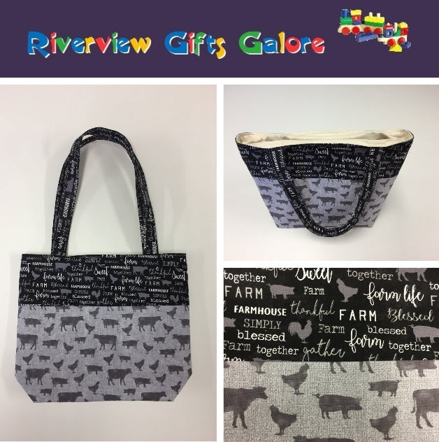 Medium Tote Bag - Farm Sweet Farm - Charcoal and Animals