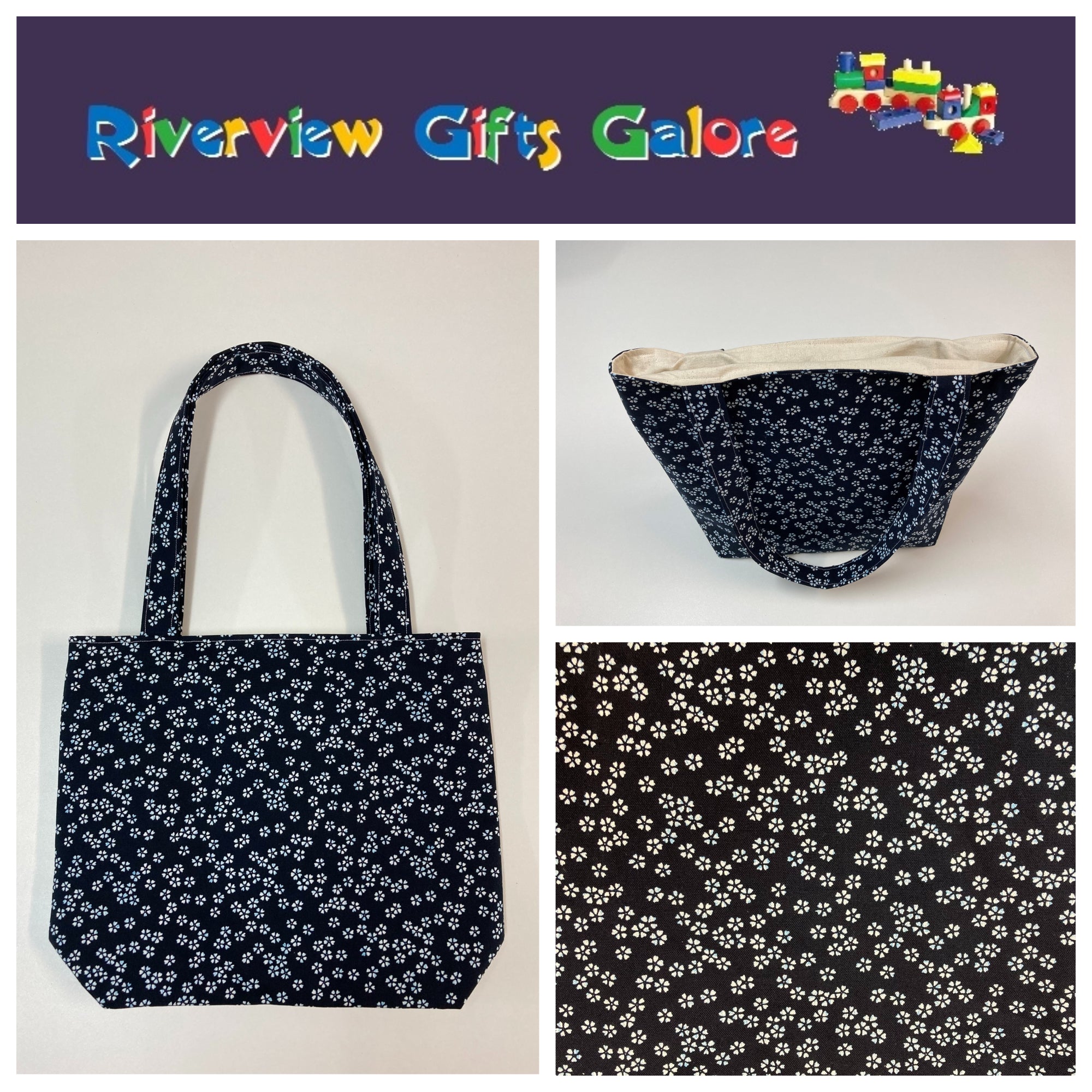 Medium Tote Bag - White Flowers on Ink