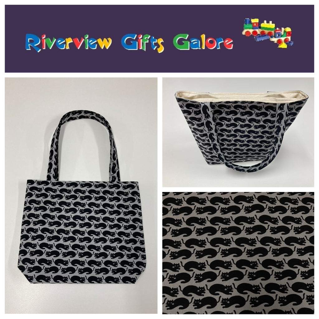 Medium Tote Bag - Black Cats on Dark Grey