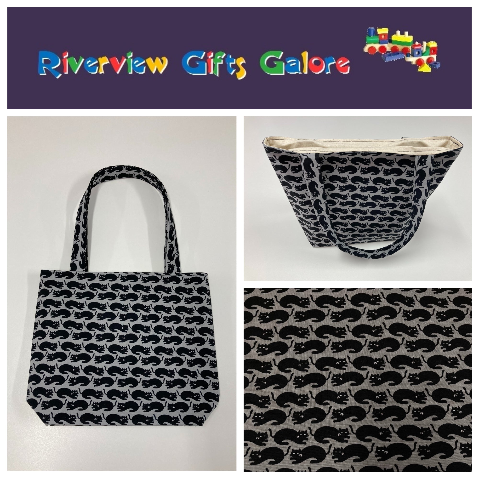 Medium Tote Bag - Black Cats on Dark Grey