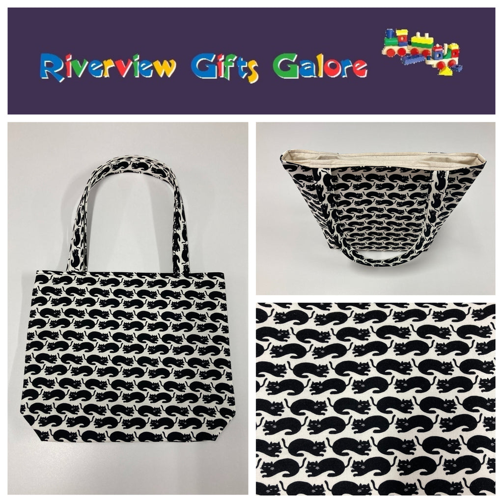 Medium Tote Bag - Black Cats on White