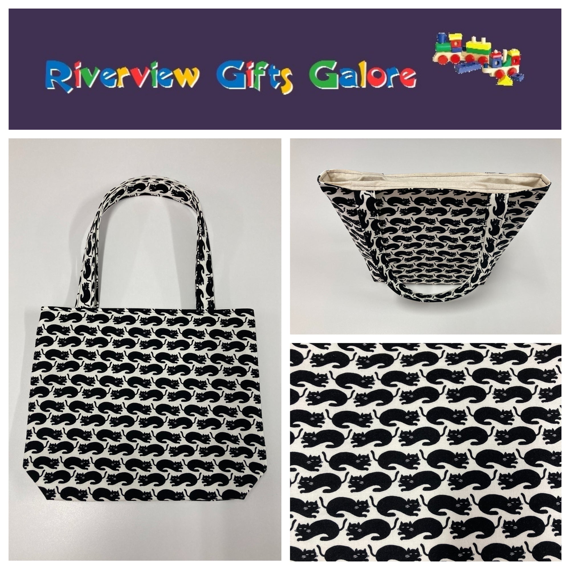 Medium Tote Bag - Black Cats on White