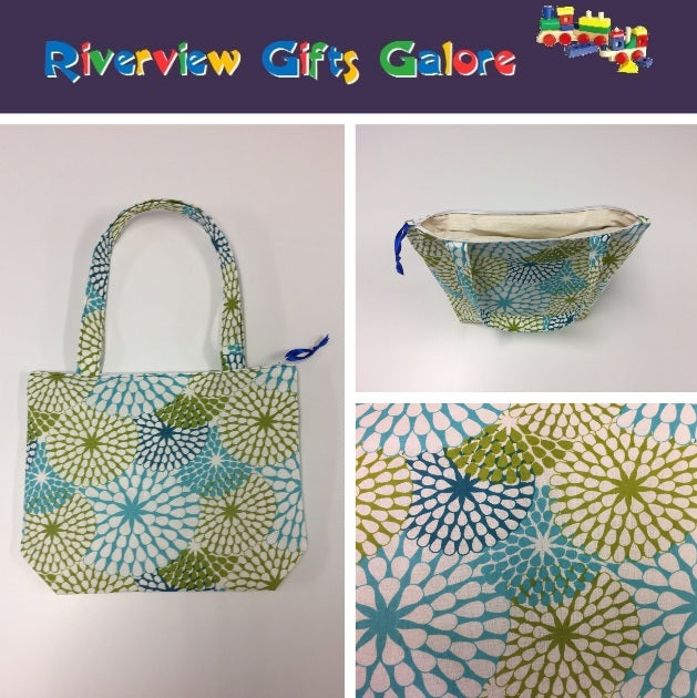Medium Tote Bag with Zip - Blue Green Pattern
