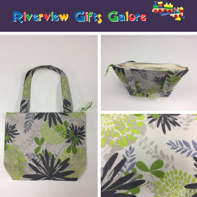 Medium Tote Bag with Zip - Lime Grey Flowers