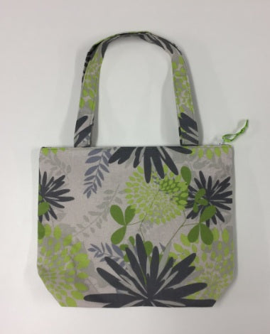 Medium Tote Bag with Zip - Lime Grey Flowers