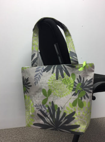 Medium Tote Bag with Zip - Lime Grey Flowers