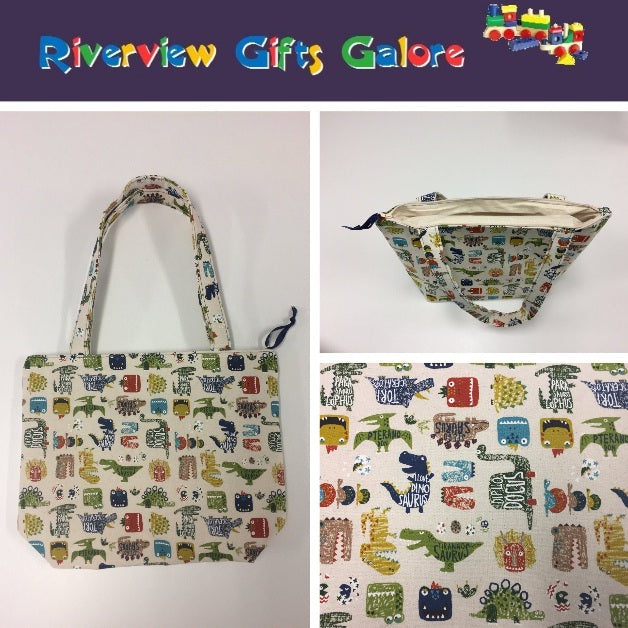 Medium Tote Bag with Zip - Dinosaur Cream