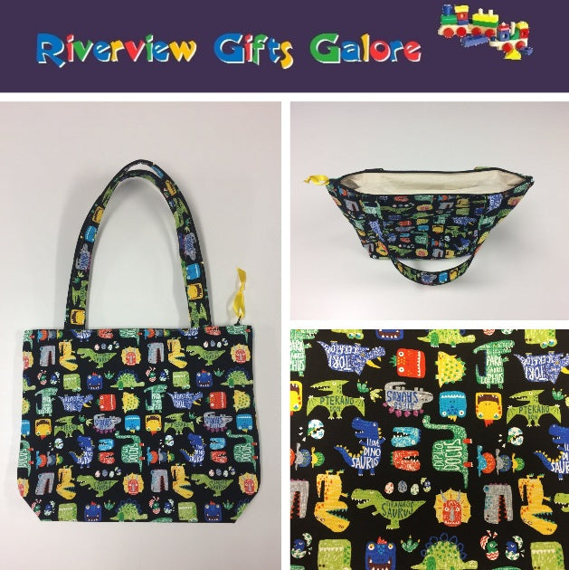 Medium Tote Bag with Zip - Dinosaur Black