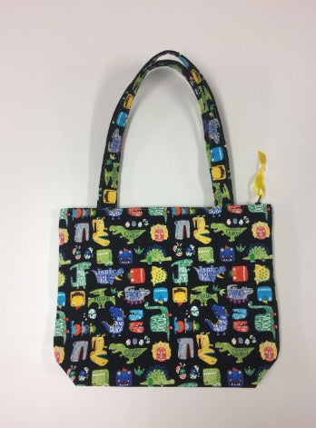 Medium Tote Bag with Zip - Dinosaur Black