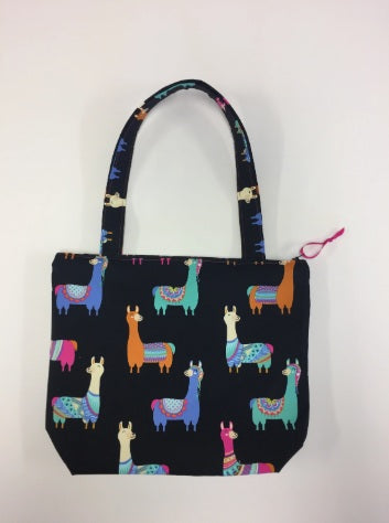 Medium Tote Bag with Zip - Llamas Black