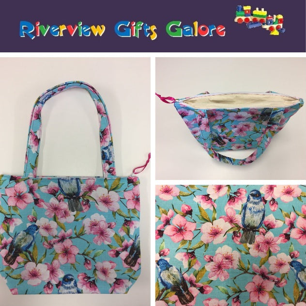 Medium Tote Bag with Zip - Blue Birds