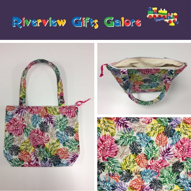 Medium Tote Bag with Zip - Multi-Coloured Leaves
