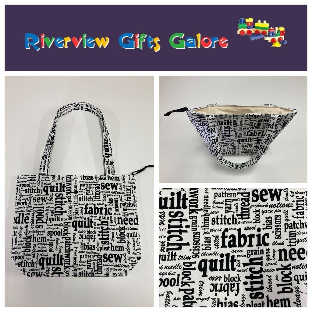 Medium Tote Bag with Zip - Sewing Words on White