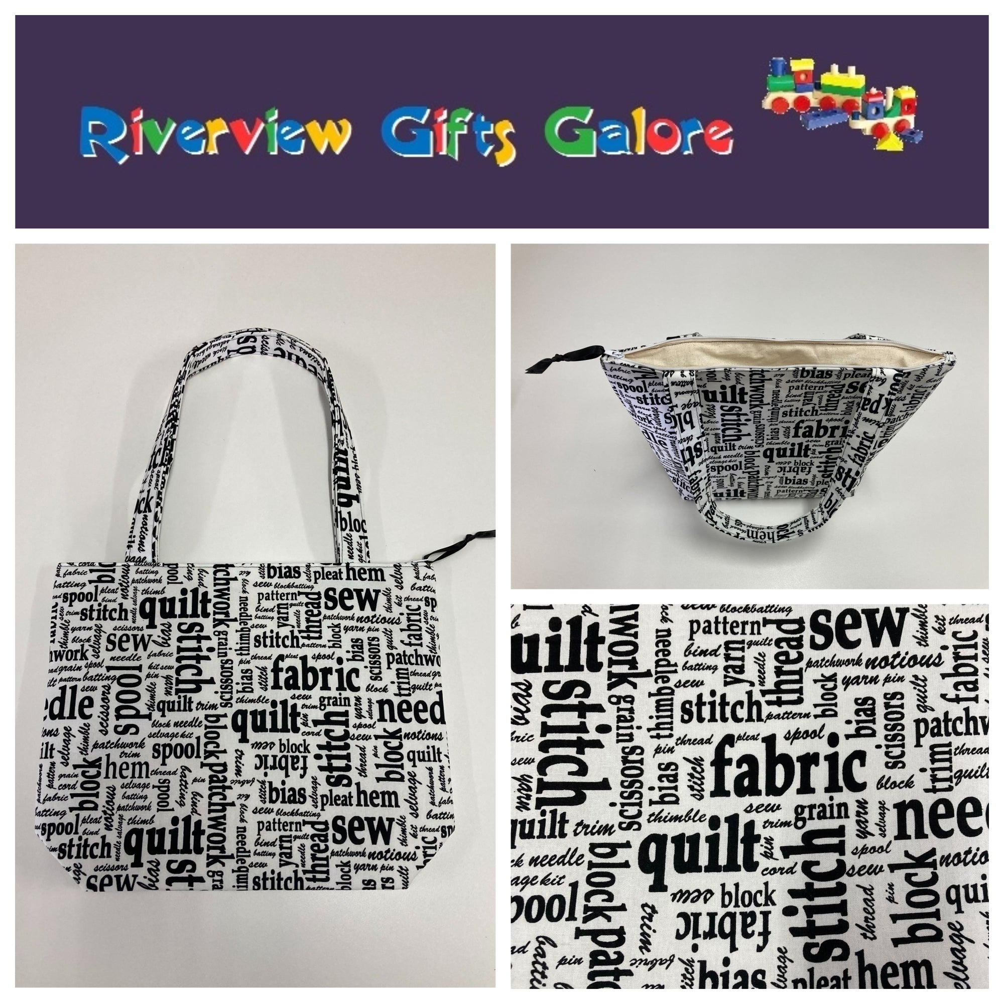 Medium Tote Bag with Zip - Sewing Words on White