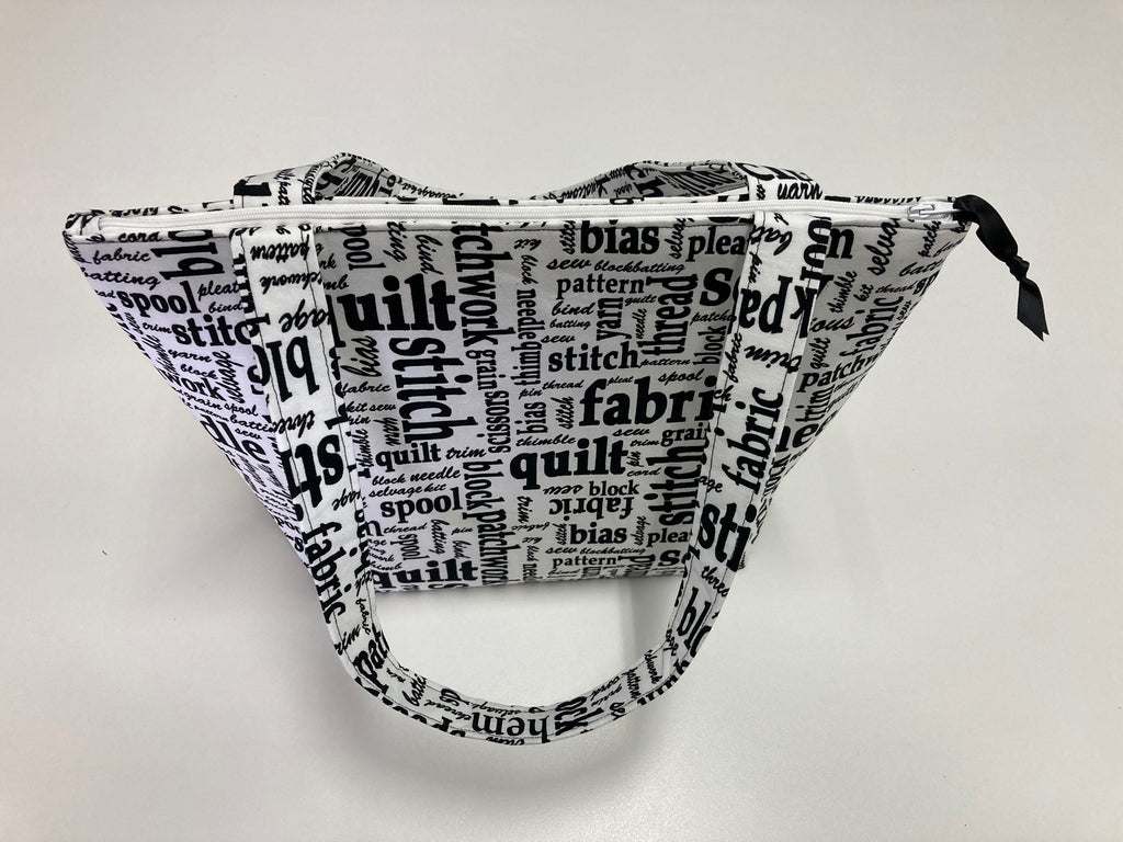 Medium Tote Bag with Zip - Sewing Words on White