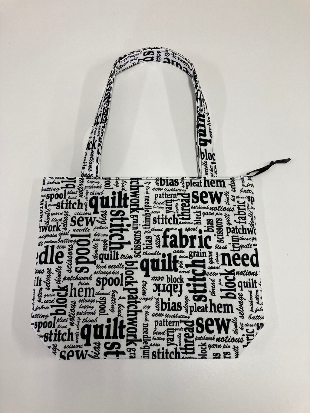 Medium Tote Bag with Zip - Sewing Words on White