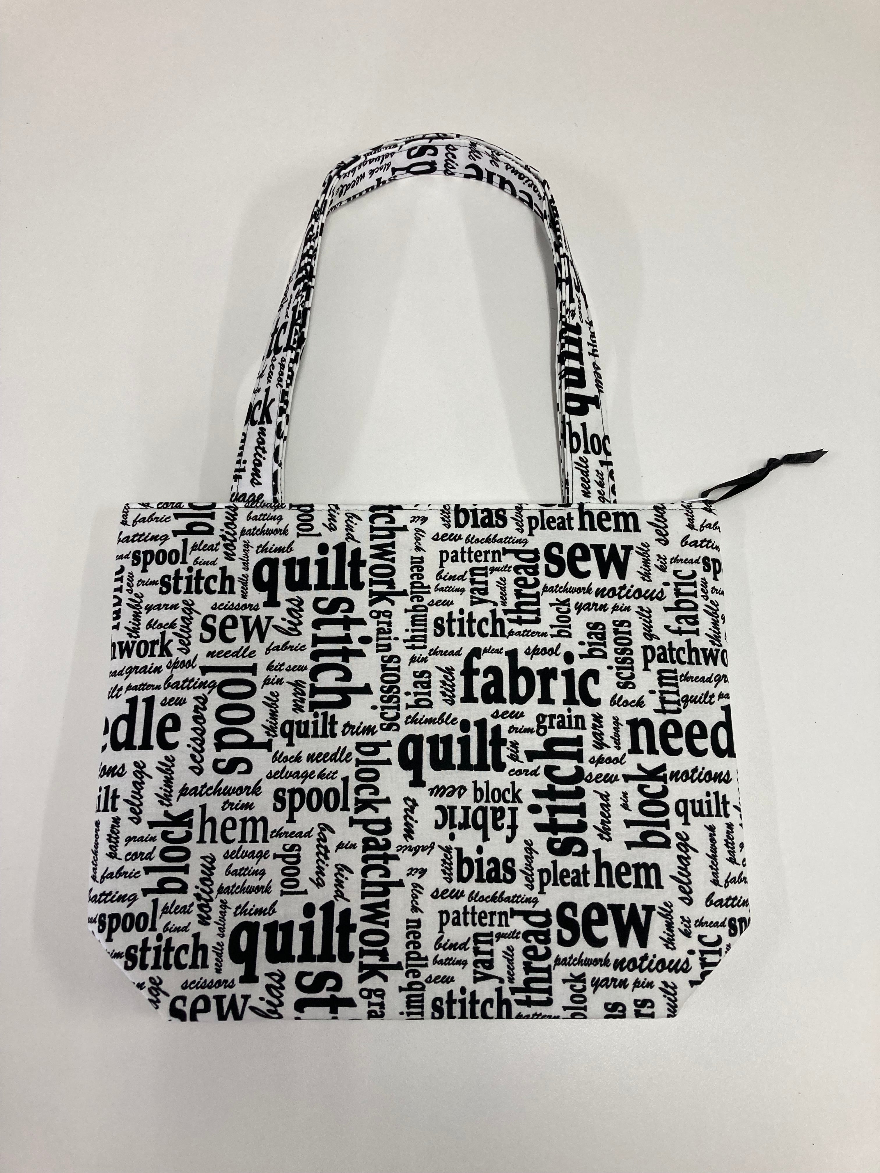 Medium Tote Bag with Zip - Sewing Words on White