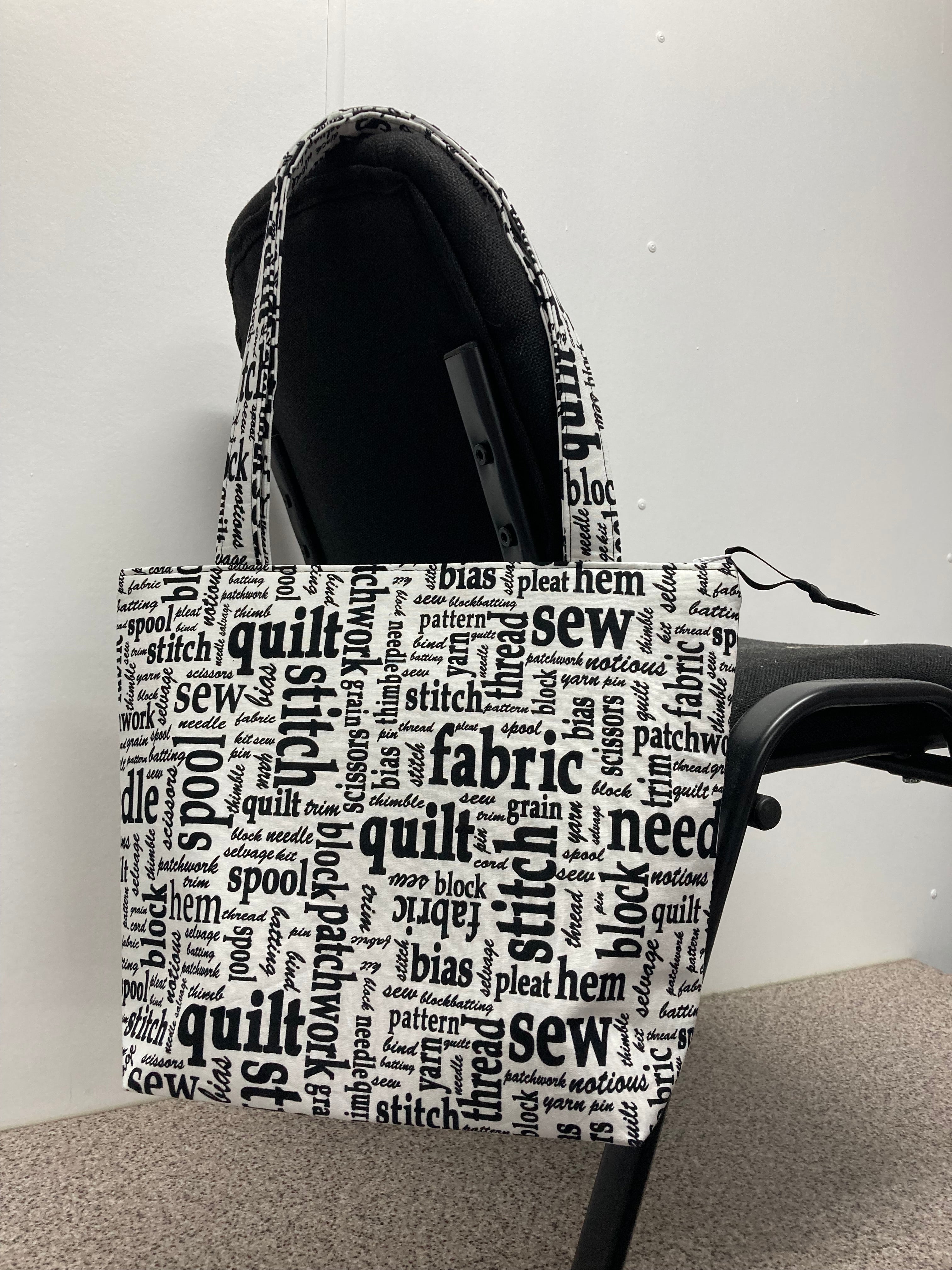 Medium Tote Bag with Zip - Sewing Words on White